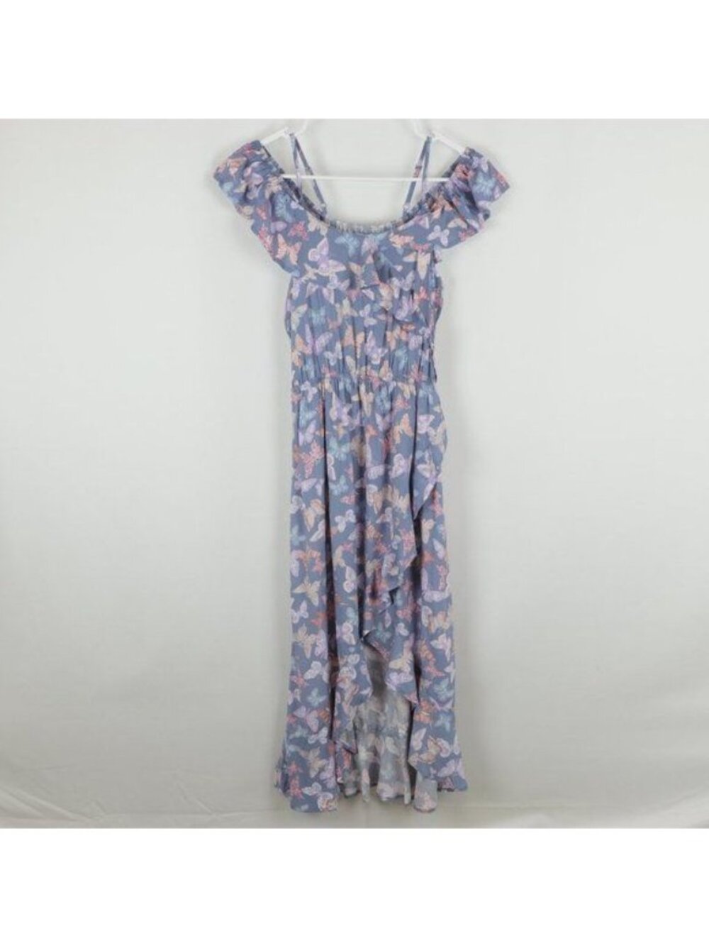 Epic Threads Girls XL Blue Pink Butterfly Faux Wrap Cold Shoulder Ruffled Dress